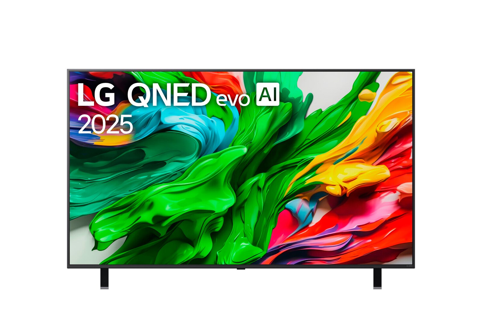 Vista de frente del TV LG QNED evo QNED85, logo de LG QNED evo Al en la esquina superior. El TV LG QNED evo QNED85 muestra texturas coloridas como una pintura que se combinan.