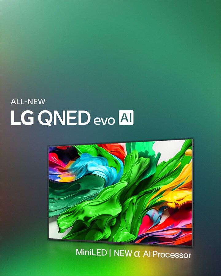 LG QNED TV en un fondo de colores oscuro. Ilustración brillante y colorida en la pantalla, que muestra la tecnología de color de QNED y su capacidad de ofrecer un amplio espectro de tonos con gran contraste. Aparece el logo All new LG QNED evo AI. Los subtítulos marcan MiniLED de QNED y el nuevo procesador alpha AI. Título: Todos los colores redefinidos: una nueva experiencia.