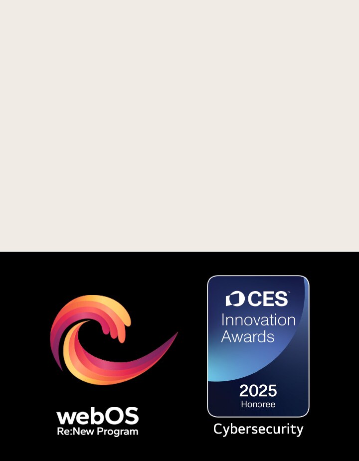 Logo y nombre del Programa webOS Re:New con la insignia de CES Innovation Awards 2025 Honoree cerca de él. 
