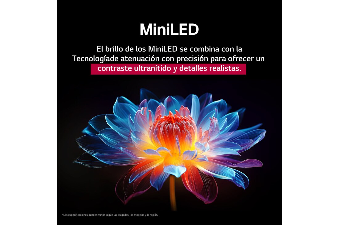 Flor holográfica en 3D con diferentes sombras y tonos sobre fondo negro. La definición y el detalle de la flor resaltan la capacidad del MiniLED de QNED de producir imágenes con color, brillo y contraste excepcionales. El título habla de cómo MiniLED mejora la claridad y proporciona un contraste excepcional.