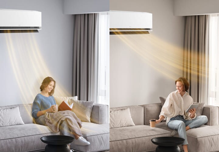 Una mujer disfruta del aire acondicionado LG con calefacción por IA, que ajusta el flujo de aire caliente.