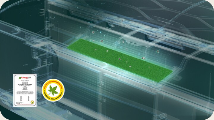 Aire acondicionado con un filtro antialérgico que captura las partículas, con la certificación y la marca Allergy UK. 