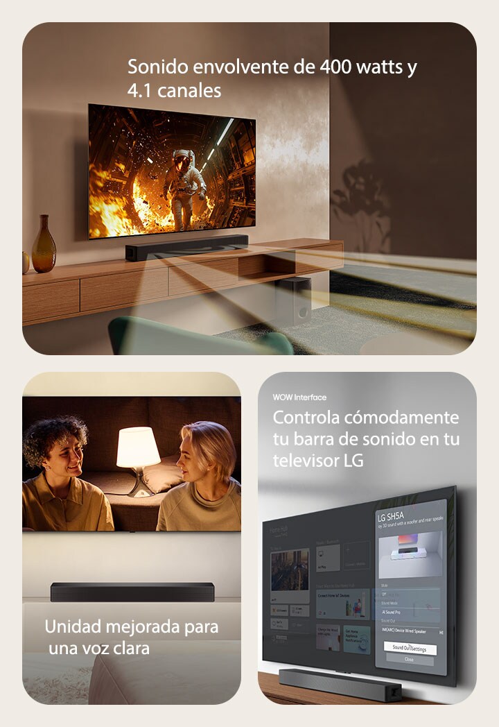 En la imagen de la izquierda se encuentran colocadas 2 unidades de Soundbar S20A, una mostrando sus partes internas como woofers y tweeters sin rejilla y otra mostrando la parte posterior. En el lado derecho se muestran el logo dts y el logo de audio Dolby digital. En la imagen del centro se muestran 3 pantallas de TV: Un escenario y un micrófono en su mano, una reportera hablando con un micrófono y una tableta en cada mano y un caballo. Debajo de los televisores se encuentra colocada la barra de sonido SH5A con gráficos de ecualización. En la parte inferior se presentan 3 íconos: MÚSICA, VOZ y CINE. En la imagen de la derecha se muestra un televisor montado en la pared con la pantalla de inicio de LG webOS y el SH5A se encuentra colocado debajo del televisor, sobre la mesa del televisor. A la izquierda se muestra parcialmente un control remoto de TV LG y a la derecha 4 íconos muestran las funciones de la Interfaz WOW.