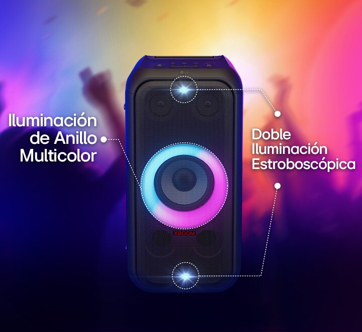 Vista frontal del altavoz. Hay una línea para informar cada parte de la iluminación. En la parte superior e inferior, doble iluminación estroboscópica. En el medio, la iluminación del anillo multicolor degradado rosa y cyon está encendida.