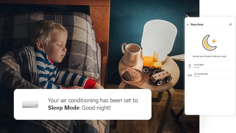 La imagen muestra un niño durmiendo en su cama. A su lado, hay una pantalla de la aplicación LG ThinQ que muestra la configuración del aire acondicionado en la habitación.