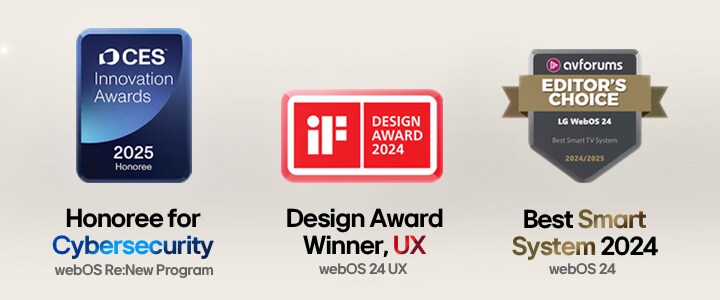 Award logos including CES, iF Design Award, and AVForums Editors' Choice