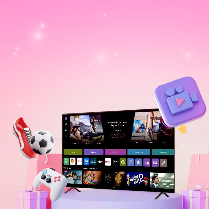 LG Smart TV surrounded by gift boxes and shopping bags, showcasing special limited-time offers and exclusive streaming events available on webOS platform.