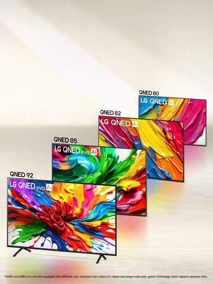 Lineup of four LG QNED evo AI TVs in formation, QNED80, QNED82, QNED85, QNED92 TVs. 