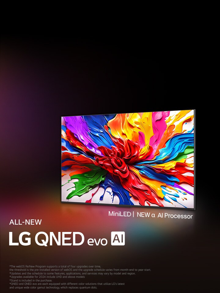 LG QNED TV against a colorful dark background. On the screen is a bright and colorful artwork that showcases QNED's color technology and ability to display a wide spectrum of hues with great contrast. All new LG QNED evo AI logo present. With subtitles calling out QNED's MiniLED and new alpha AI processor. Title reads, Every Color Redefined, New Experience Begins.