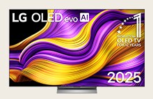 LG OLED TV featuring a colorful detailed artwork with LG OLED evo AI 2025 title and World's No. 1 OLED TV for 12 years emblem on the screen.
