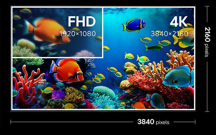 4K TV screen indicating it's 3840 by 2160 pixels. Within it is a smaller square labeled FHD. This shows the difference in quality and pixel density between FHD and 4K.