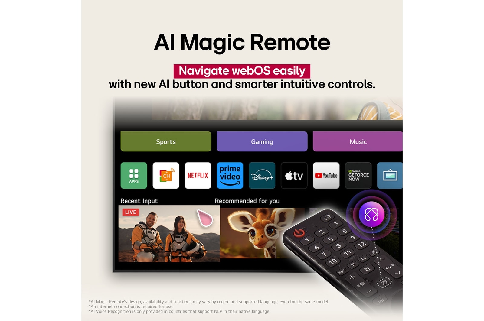 LG AI Magic Remote with the AI button highlighted. Around it are the different functionalities that a user can access from the button. AI Voice ID, AI Search, AI Chatbot, AI Concierge, AI Picture Wizard, AI Sound Wizard. The text explains that the LG AI Magic Remote completes your AI experience with a dedicated AI button and can be used like an air mouse. Just point and click.