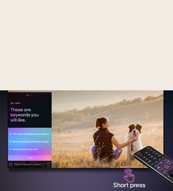 LG AI Magic Remote in front of an LG TV screen. On the screen is a personalized greeting from the LG AI with custom keywords based on the user's search and watch history. By the remote is an icon and label showing that the AI Concierge functionality is easily accessible with one short press on the AI button. 