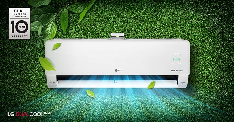 an air conditioner that breathes cool air on green grass