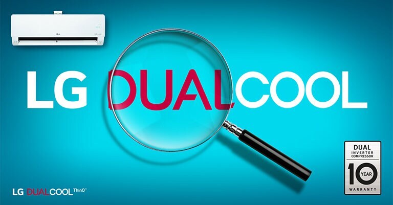 LG Dual Cool's letter is enlarged with a magnifying glass to emphasize it.