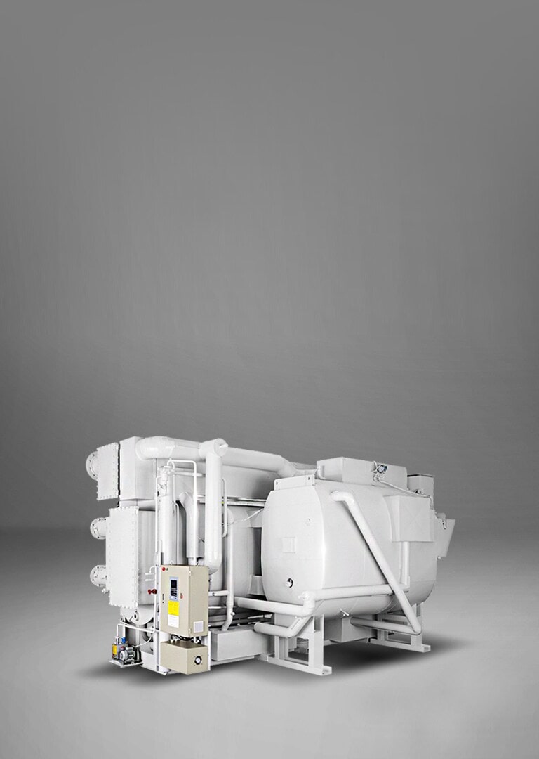 LG Absorption Chiller Direct Fired Type, showcased in a muted grey hue, consists of a series of linear and cylindrical pipe assemblies.