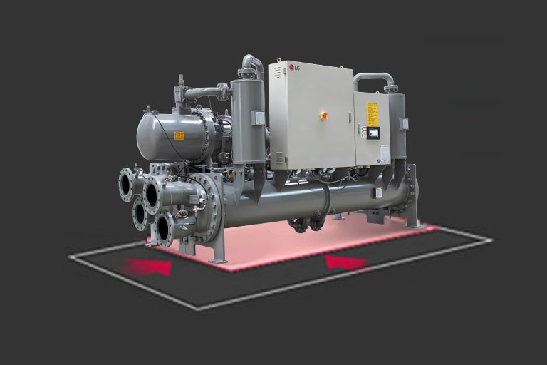 LG Water-cooled Screw Chiller at the center is highlighted with a white box-shaped line, accompanied by a red arrow indicating the reduced size.