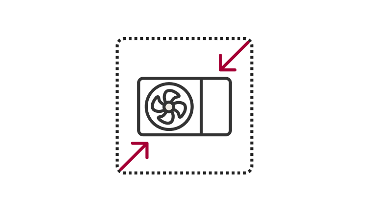 Icon representing Compact Size is depicted by an air conditioner within a dashed square, emphasized by red arrows pointing to its reduced dimensions.
