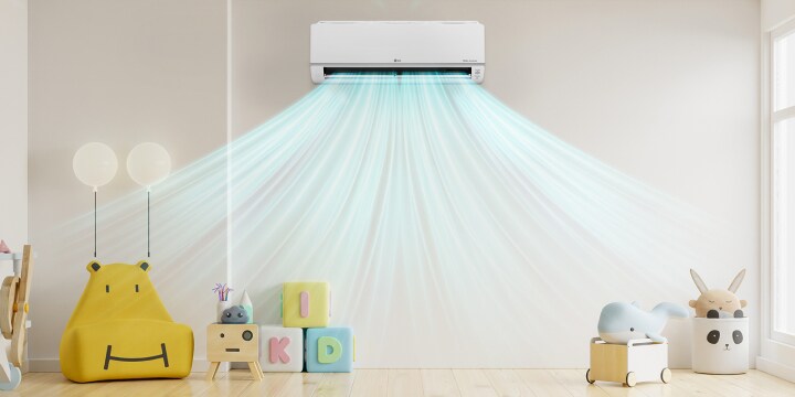 A bright room adorned with various kids toys gets circulated airflow from a central, LG wall-mounted unit.