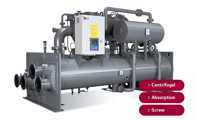 LG Centrifugal Chiller unit, a grey-toned assembly of circular and rectangular forms, adorned with red tags marking centrifugal, and screw.