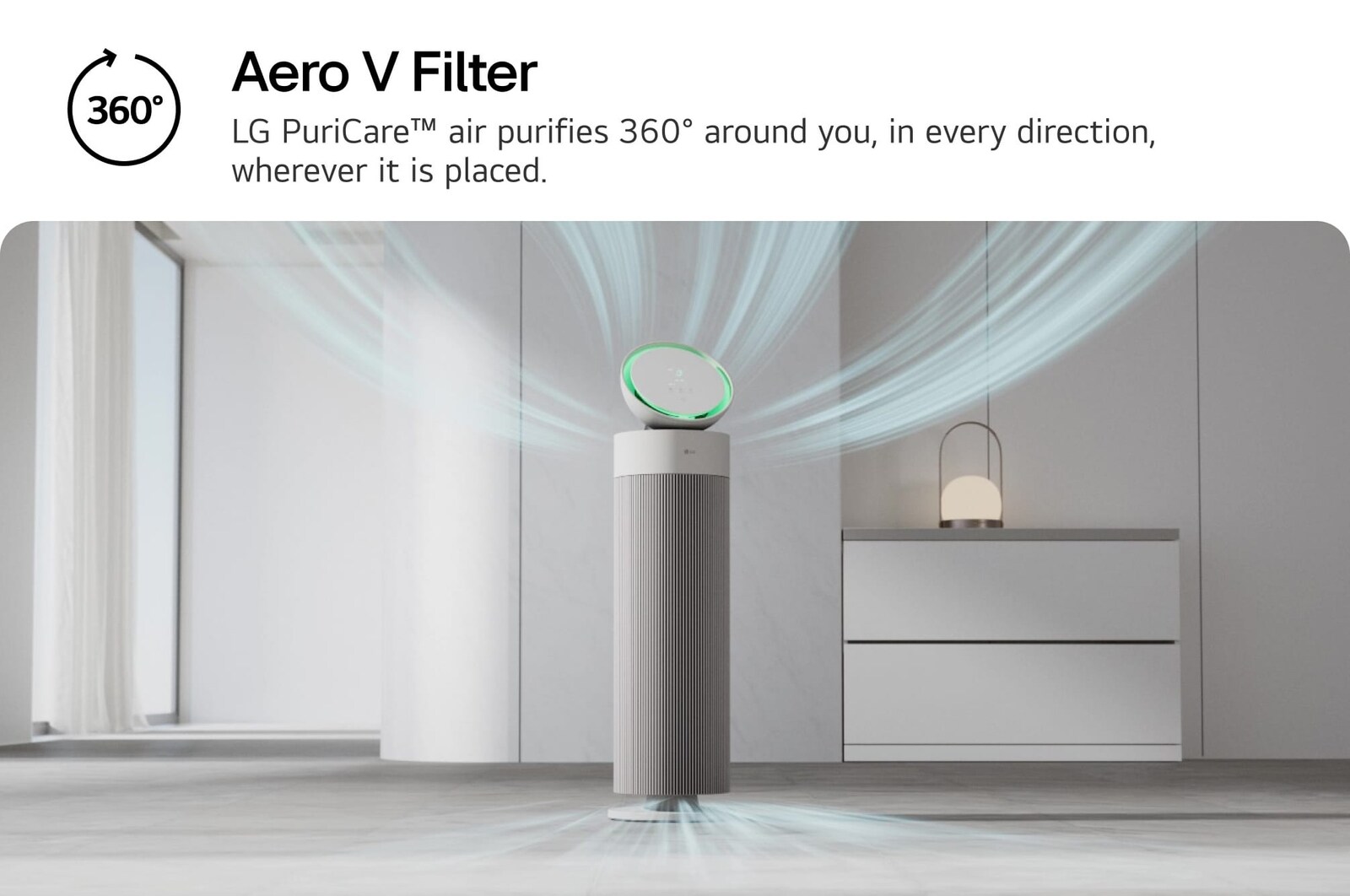 Image of an LG PuriCare air purifier in a minimalist room, emitting blue airflow graphics to illustrate 360-degree air purification. Text on the image reads 'Aero V Filter' and 'LG PuriCare™ air purifies 360° around you, in every direction, wherever it is placed.'
