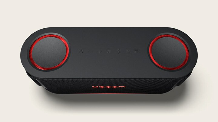 Top view of xboom Bounce with its 2 passive radiators vibrating rhythmically.	