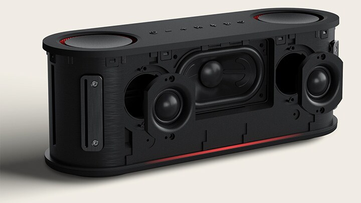 xboom Bounce's internal units, woofer and tweeters are shown with its tweeters moving forward and vibrating rhythmically.	