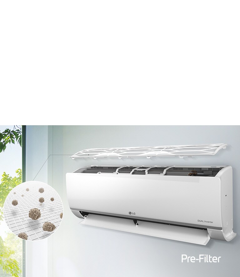 The side angle of the air conditioner is shown with the filters floating above to show the allergy filter installed inside. Beside the machine is the entire green allergy filter with dust mites caught in it. The Allergy Filter logo is in the upper right corner.