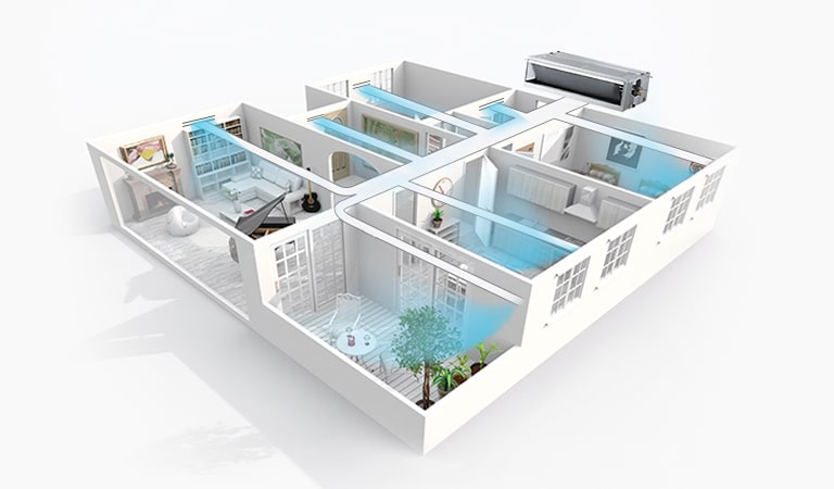The LG Ceiling Concealed Duct is emitting a visible blue airflow, permeating multiple square-outlined rooms.