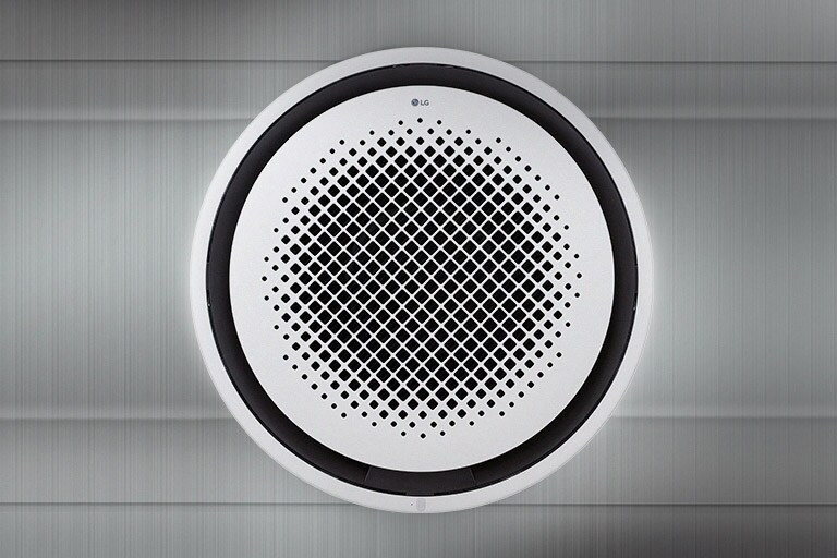 LG Round Cassette's front face mounted in a silver-colored ceiling.