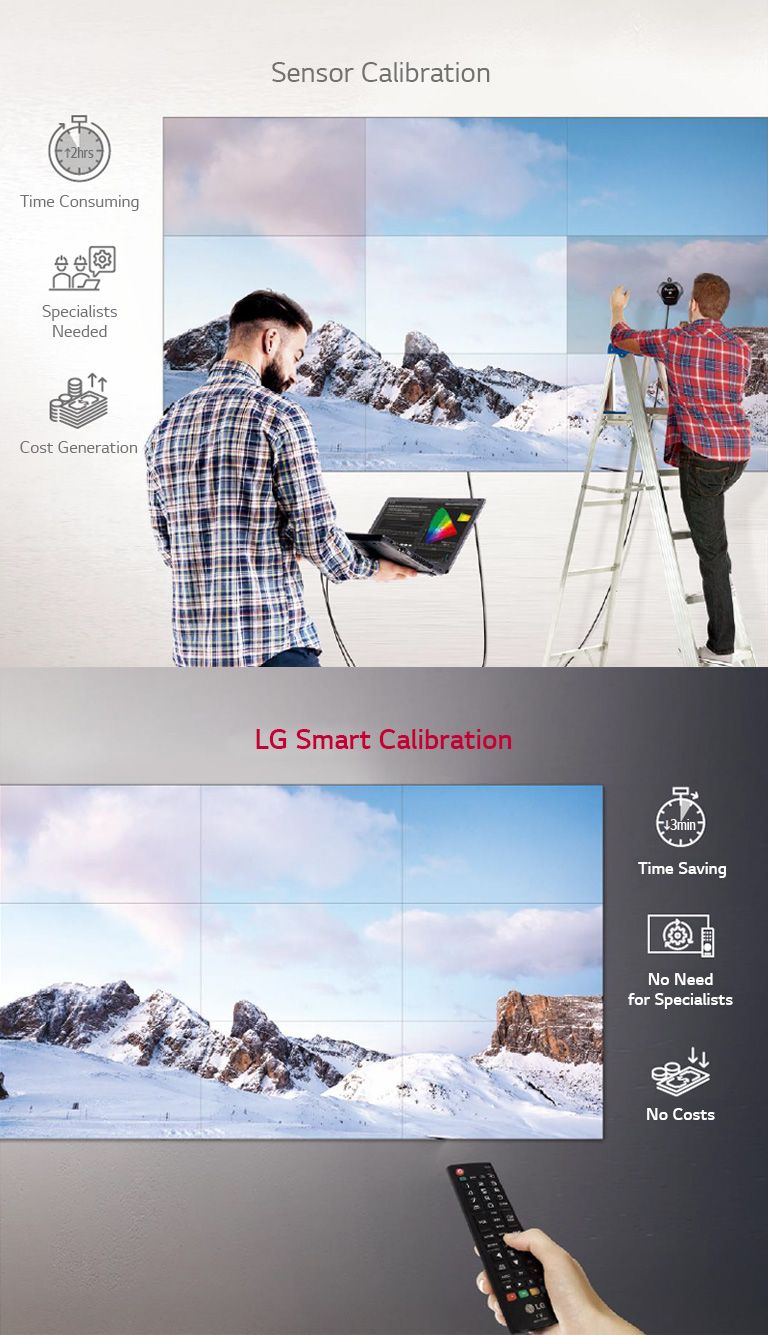 On the left, there is a person using sensor calibration to adjust the colors of the video wall through the connected laptop, and the other person on the ladder is assessing the screen error. In contrast, LG Smart Calibration user on the right is simply and conveniently adjusting on a remote controller.