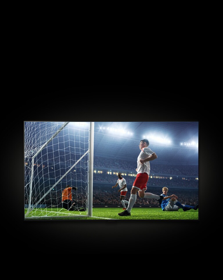 A movie plays on the LG TV. A popup box appears showing the latest soccer score with the option to watch live. The cursor clicks Watch Live, and the TV shows a player scoring a goal in a soccer match.	