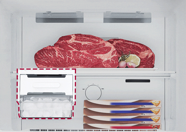 Moving Ice Maker can be easily detached, and more food can be stored instead.