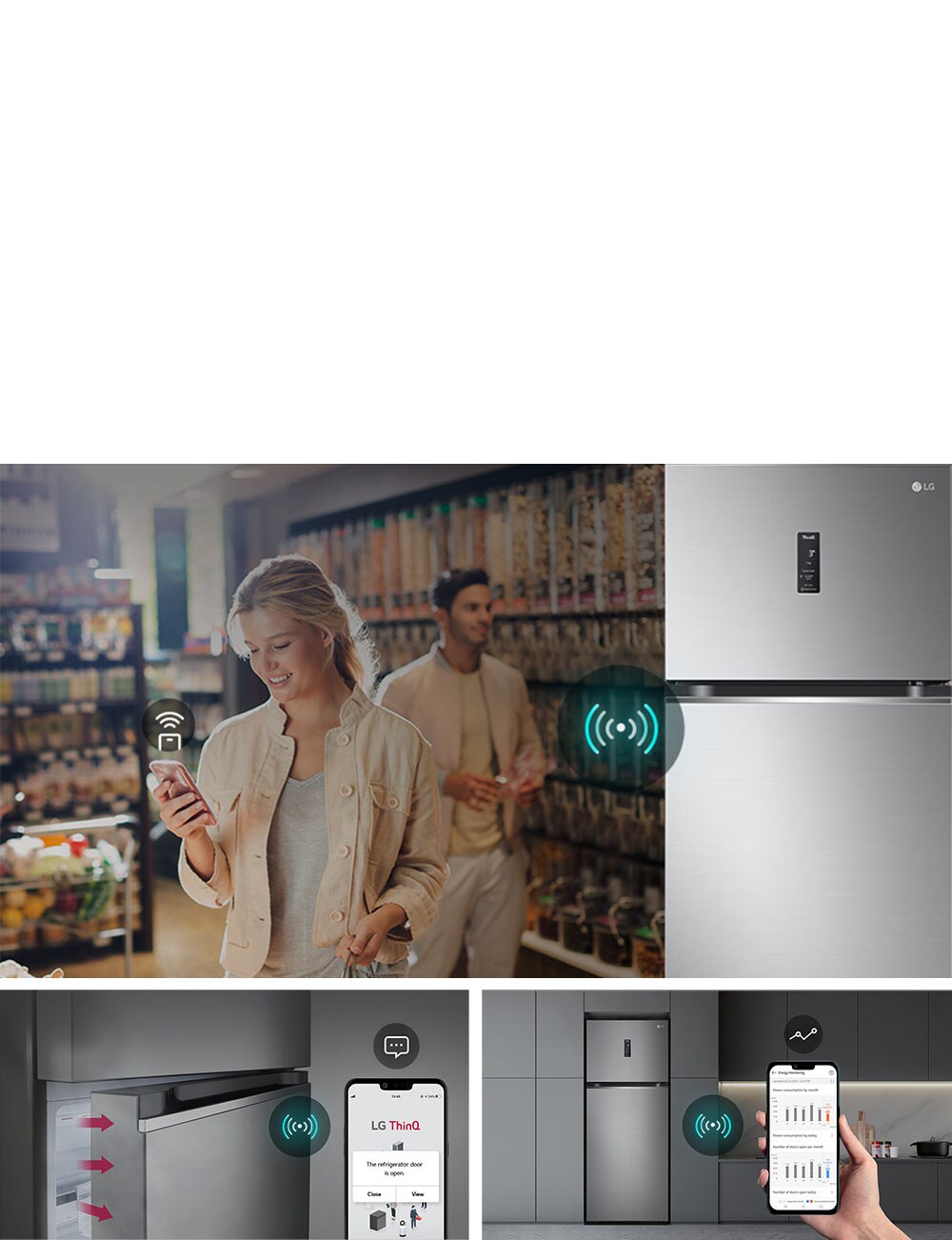 &quot;This image is a combination of images describing three different functions. It combines images of remote control through WiFi-enabled devices, smart alerts through the smartphone app when the refrigerator door is opened, and images of refrigerator status being monitored through the smartphone app.&quot;