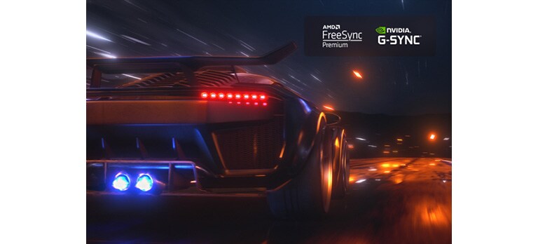 A video opens with a blurry scene of a car driving fast in a racing game. The scene is refined, resulting in smooth and clear action. FreeSync Premium Pro logo and NVIDIA G-SYNC logo in the top right corner.