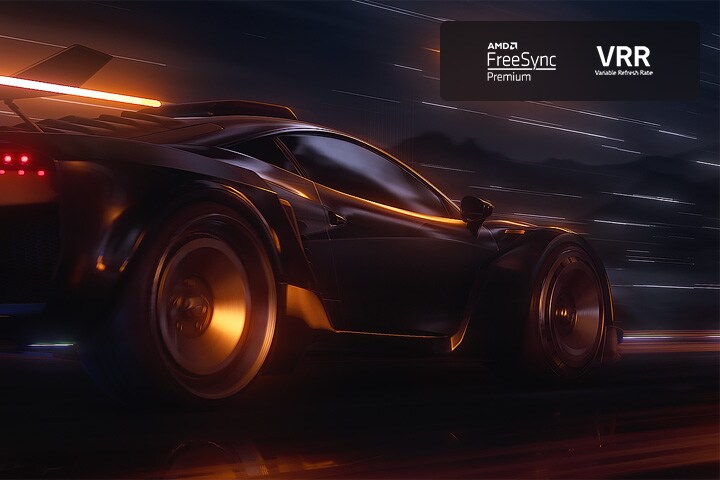 A video opens with a blurry scene of a car driving fast in a racing game. The scene is refined, resulting in smooth and clear action. FreeSync Premium Pro logo and VRR logo in the top right corner.