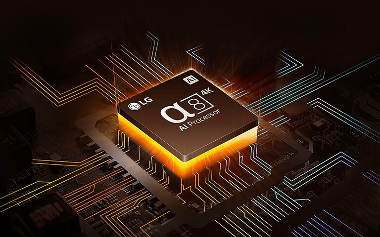 An image of LG's alpha chip with orange light emanating underneath, and colorful circuit board lines branching off the chip.