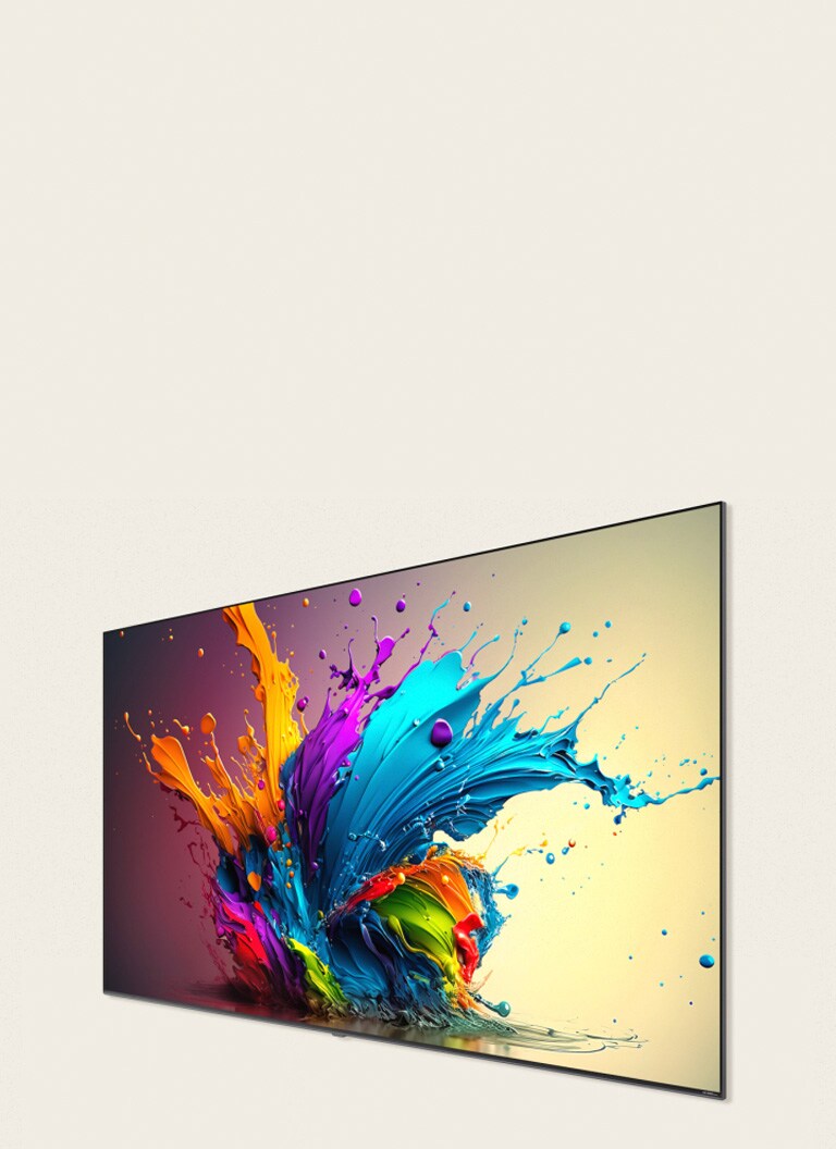 A video opens with words LG QNED MiniLED against a black background. The words enlarge and fills with color. The scene transitions to LG QNED90, showing a colorful artwork. The screen rotates and LG QNED90 goes against on the wall.