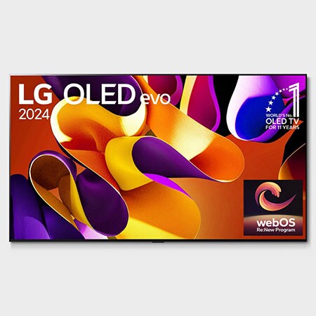 Front view with LG OLED evo AI TV, OLED G4, 11 Years of world number 1 OLED Emblem and webOS Re:New Program logo on screen, as well as the Soundbar below