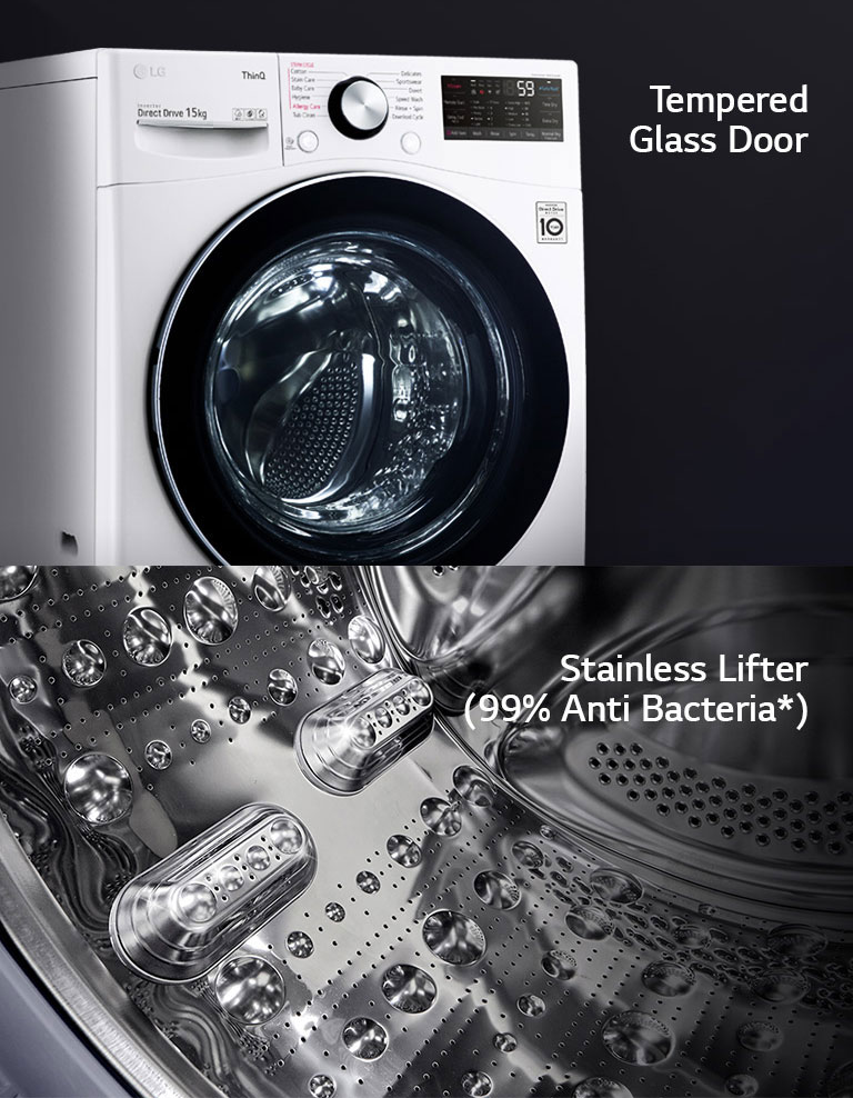 One image shows the front of the washing machine front load washer bringing focus to the tempered glass door. Second image shows the interior of the drum with focus on the stainless steel design.