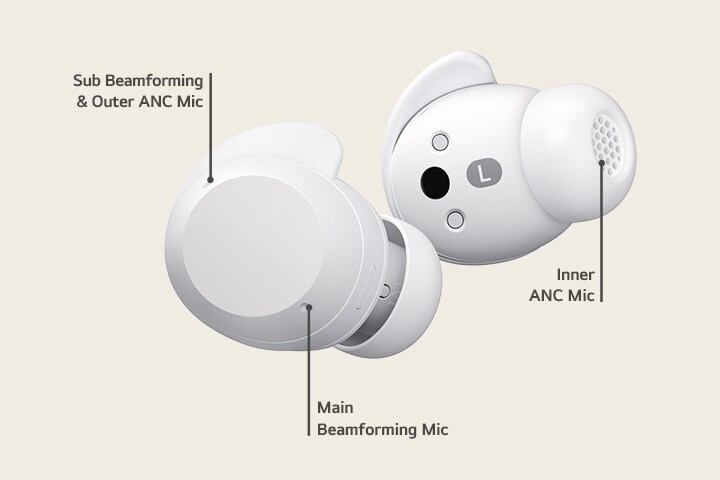 A pair of white xboom Buds for illustrating the 3 microphones it has.