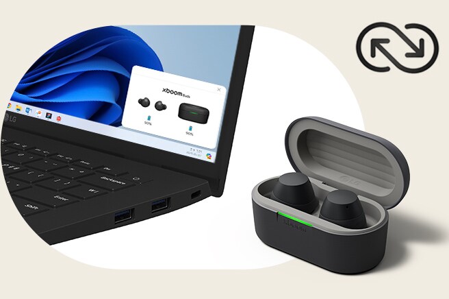 A corner of black-colored laptop, LG gram is placed opened beside a black xboom Buds' cradle stays open with a pair of earbuds in it.