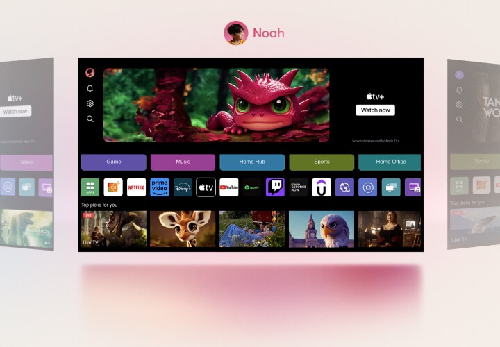 Een close-up van een LG TV-scherm met de knoppen Sport, Home Office, Game over een banner voor Masters of the Air zoomt uit naar het venster met een webOS-startscherm met het profiel voor papa. Het scherm roteert naar een ander webOS-startscherm met het profiel van Noah.