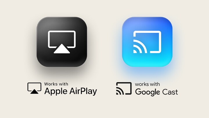 Apple Airplay-logo aan de linkerzijde en een Google Cast-logo aan de rechterzijde.