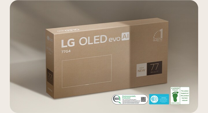LG OLED-verpakking tegen een beige achtergrond.