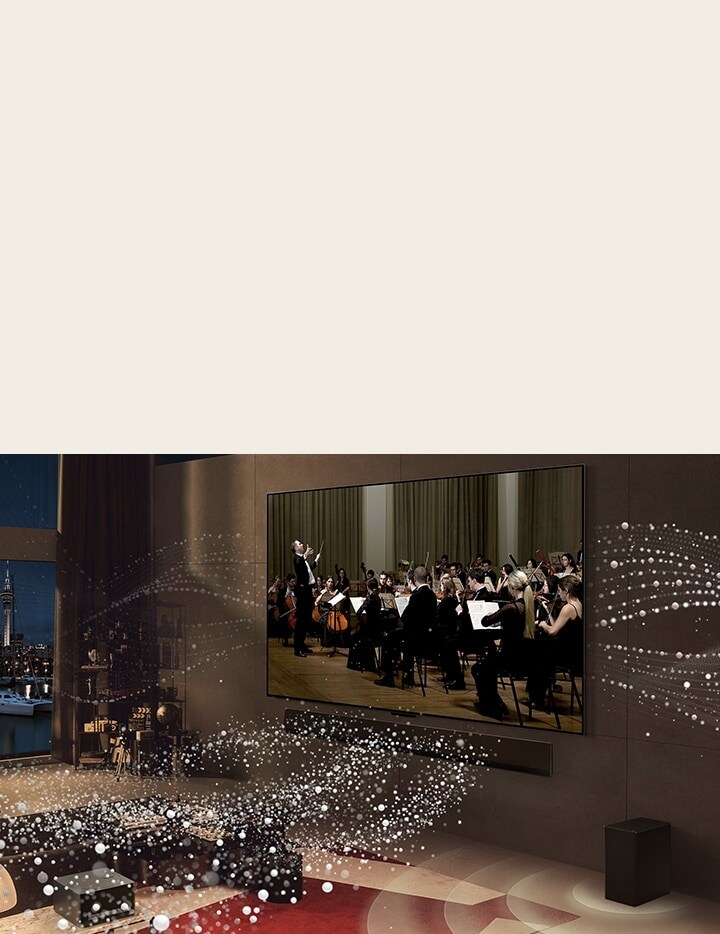 A concert is playing on the screen and white circles emit from the LG SIGNATURE OLED M4 and LG Soundbar around the room. 	