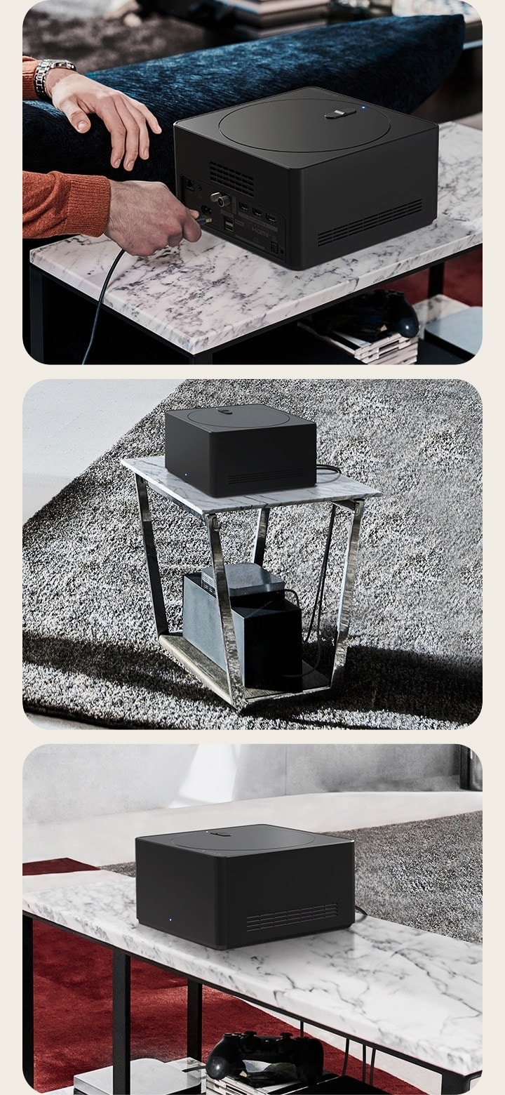 Drie afbeeldingen met een Zero Connect Box. De eerste is met een kabel die in de Zero Connect Box wordt gestoken. De tweede is een Zero Connect Box op een kleine tafel met apparaten eronder. De derde is een Zero Connect Box op een grote tafel met apparaten en consoles eronder.