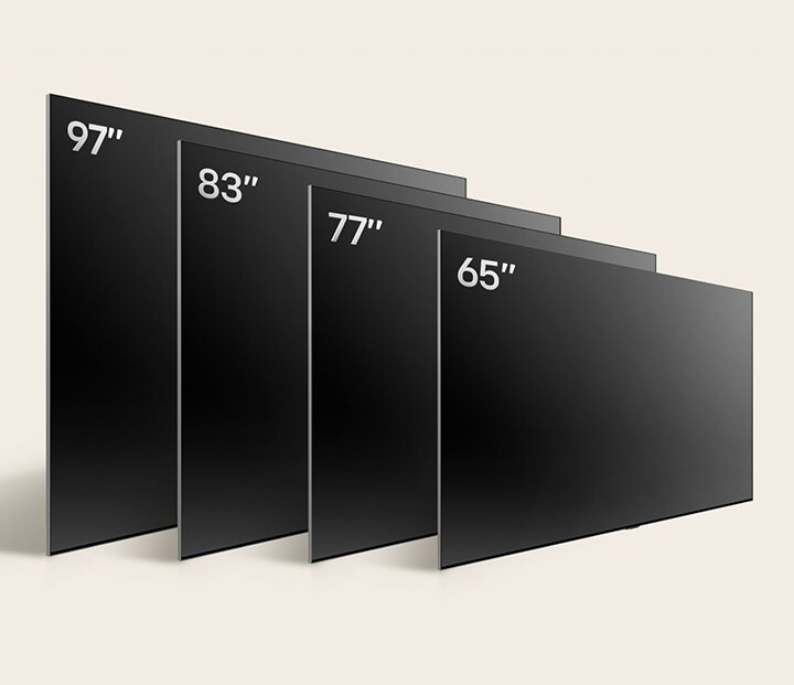 Vergelijking van de verschillende formaten van LG OLED TV, OLED evo M4, met de OLED evo M4 65 inch, OLED evo M4 77 inch, OLED evo M4 83 inch en LG SIGNATURE OLED M4 97 inch.