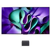 Zijaanzicht naar links van de LG OLED evo TV, OLED M4 aan de muur met de Zero Connect Box onder de tv