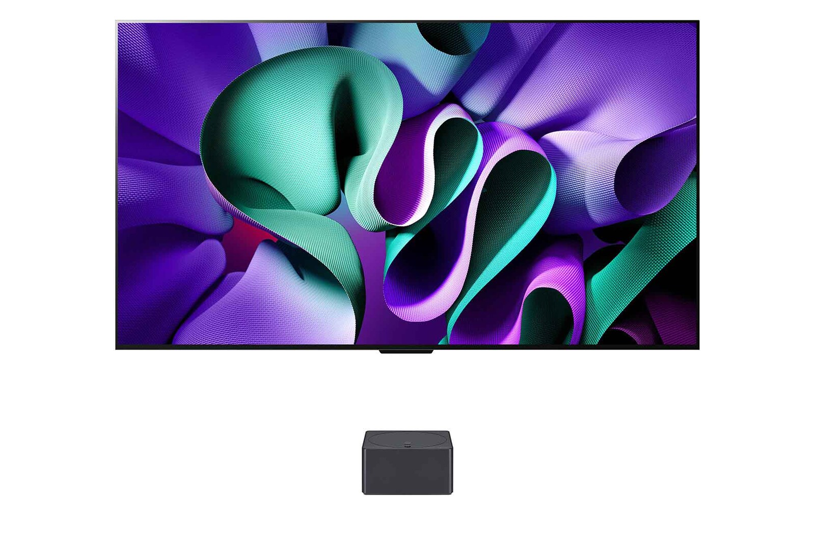 Front view with LG OLED evo TV, OLED M4, 11 Years of world number 1 OLED Emblem, webOS Re:New Program logo, 5-Year Panel Warranty logo on screen, and a Zero Connect Box with 4K 144Hz wireless video & audio transfer connected to a TV, and a Wi-Fi signal coming out of the box